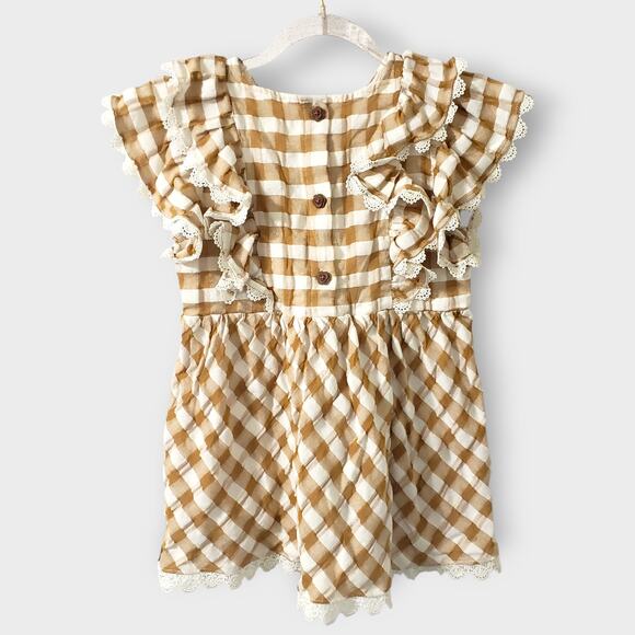Matilda Jane Enchanted Garden Firefly Flutter Sleeve Top Sz 10 Tan Plaid Cottage - Picture 4 of 10
